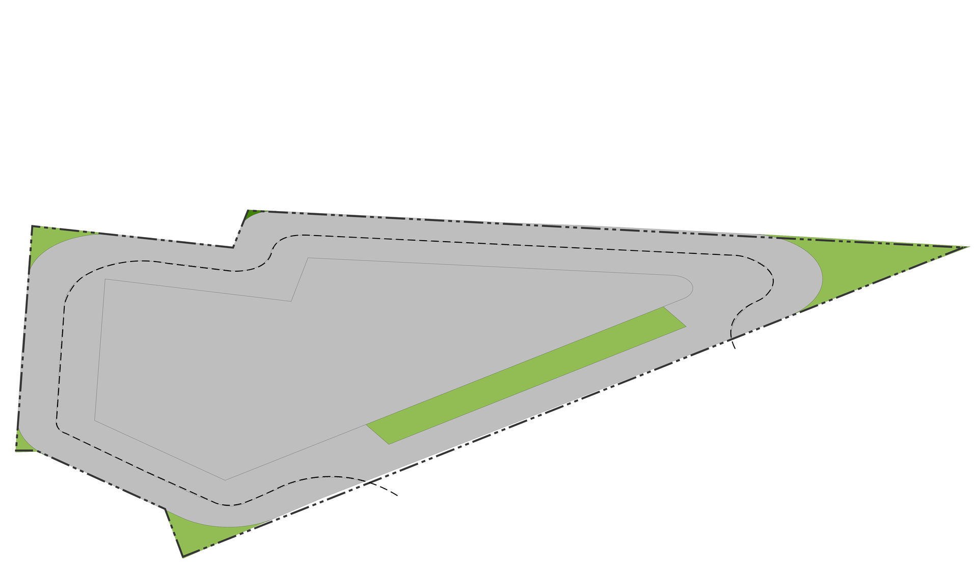 Massing of the Sulur Hotel on its triangular site, with retail and the hotel volumes around the perimeter road